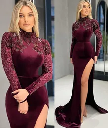 2022 Plus Size Árabe ASO EBI Borgonha Sereia Veludo Vestidos de Prom Vestidos Lace Frisado Ferrada Formal Party Conceito Segundo Recepção Aniversário Vestidos de Noivado ZJ205