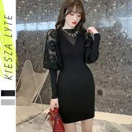 Kobiety Dzianie Dress Zima Spirung Sexy Koronki Latarnia Z Długim Rękawem Szycie Slim Body Mini Sweter Sukienki Vestido de Mujer 210608