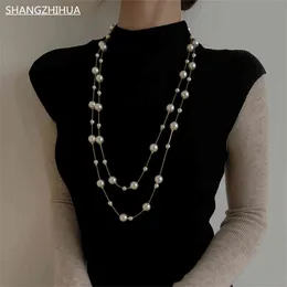 2022 Korea Południowa Luksusowe Wysokie Imitacja Pearl Długi Podwójny Sweter Łańcuch Naszyjnik Dla Kobiet Moda Niezwykłe Biżuteria Prezenty