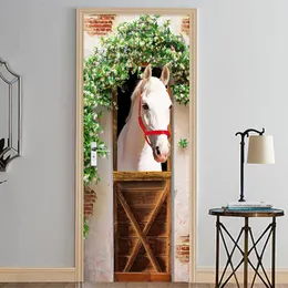 Modern Creative Door Sticker 3D Wallpaper White Horse Living Room Bedroom Wall Sticker PVC Self Adhesive Waterproof Home Decor 210317