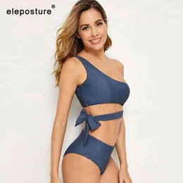 Seksowne Bikini Kobiety Wysokiej Talii Swimsuit One Shoulder Swimwear Kobiet Solid Set Brazylijski Kostium Kąpielowy Lato Plaża Nosić XXL 210521