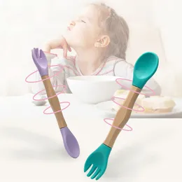 Baby Silicone Double-headed Fork Spoon Wooden Handle Learning Feeding Tableware Wholesale