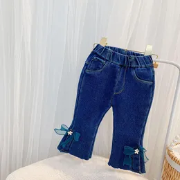 Jeans Winter Children Girls Denim Mesh Cute Bow Flare Boot Pants Kids Full Length Thick Fleece Trousers