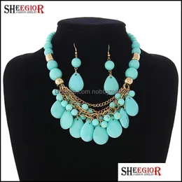 Ohrringe Halskette Schmuck Sets Sheegior Schöne Wasser Tropfen Halsketten Set Für Frauen Blau/Orange/Beige/Mixcolor Halsband bijoux Femme Geschenk Deli