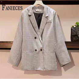 Spring Fall Plaid Coat Women Korean autumn Check Double-breasted Loose Suit Jacket Overcoat Casual Coats manteau femme 210520
