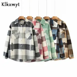 Klkxmyt inverno jaqueta moda moda clássico xadrez senhoras virada coleira de lã mistura de lã casacos de manga comprida 210527