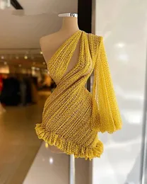 Curto amarelo um ombro bainha vestidos de baile 2022 para menina negra plus size feito sob encomenda formal cauda festa noite ocn vestidos