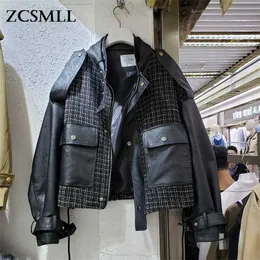 ZcSmll Koreansk stil Lös läderjacka Stitching PU Långärmad Kvinnors kappa All-Match motorcykel topp höst vinter 211109