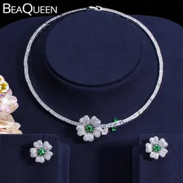 Beaqueen Green Cz Crystal Paved Cubic Zircon Stones Big Flower Statement Halsband Örhängen Kvinnor Bröllop Smycken Satser JS162 H1022
