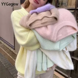 yygegew緩いニットカシミヤのセーター冬の固体女性のプルオーバー暖かい基本ニットジャンパー211011