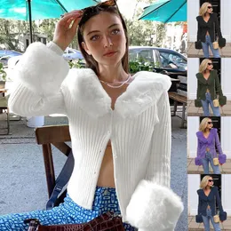 Cardigãs de malha com nervuras com acabamento de pele gola manga longa fino outono inverno jumpers feminino malha chique