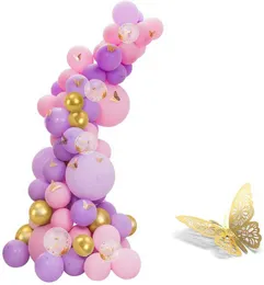 118pcs Pastel Pink and Purple Balloons Garland Arch Kit, with gold butterfly stickers Festival Wedding BirthdayParty Decorations X0726