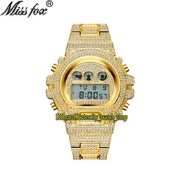 MISSFOX eternity V304 Hip Hop Herrenuhren Multifunktions-CZ-Diamant-Inlay Digitales Zifferblatt Elektronisches Uhrwerk Herrenuhr Iced Out Diamanten Legierungsgehäuse Goldarmband