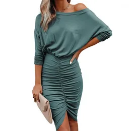 Casual Sukienki 2021 Jesienne Szycia Folds Damska Sukienka Bawełniana Bat Rękaw Round Neck Solid Color Sexy Torba Hip Slim Mid-Długość Vestidos