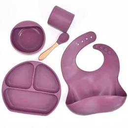 5 Pcs Baby Bib+Suction Bowl+Divided Dinner Plate+Spoon+Cup Set Waterproof Food Grade Silicone Training Feeding Dish Utensil Tabl G1210