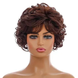 Kort bob syntetisk peruk brun färg perruques de cheveux djupa våg humains simulering humanhair peruker wig-026
