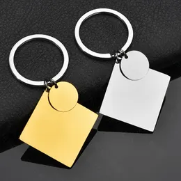 Nyckelringar silver färg / gyllene rostfritt stål nyckelkedja tomt för gravera metall kvadrat rund tagg charm keychain spegel polerad 10st