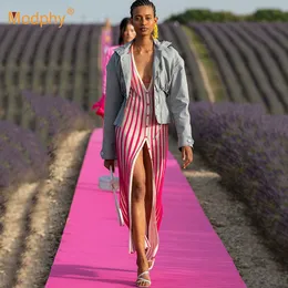 Alta Qualidade Striped Elastic Split Split Vestido Elegante Mulher Bodycon Noite Party Fashion Fashion 210527