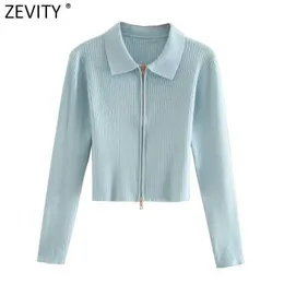 Zevity Women Fashion Solid Coll Down Collar Podwójny Suwak Zipper Sweter Knitting Femme Długi Rękaw CHIC Cardigan Coat Tops S486 210603