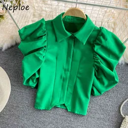 Neploe Elegant Ruffles Patchwork Work Style Ol Multicolor Blouse Women Turn Down Collar Short Sleeve Slim Blusas Summer Shirt 210423