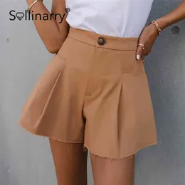 Sollinarry A-Lined High Waist Szerokie szorty zmarszczek nogi Moda Letnia Przyczynowe Khaki Woman Shorts Elagant Button Loose SHORK 210625