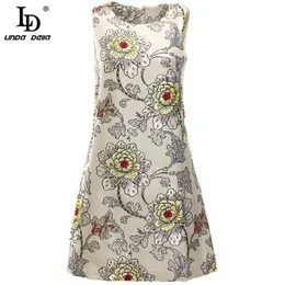 Fashion Runway Summer Dress Donna O-Collo Elegante Jacquard floreale Lussuoso Bordare Slim Vintage Ladies Mini 210522