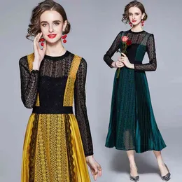 High Quality Spring Elegant Temperament women Sexy O-neck long Sleeve Lace stitching casual dress 210531