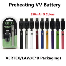 Vertice Law Battery Battery 350mAh Batterie VAPE 510 Filettatura con funzione preriscaldamento Tensione regolabile adattabile Varie cartucce olio spesse Cartrette di vetro 9 colori e sigarette