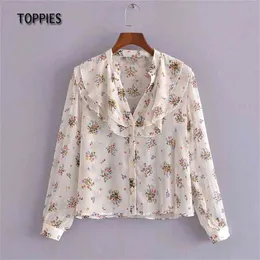 Summer Chiffon Blouses Tops Sweet Flower Printing Shirts Female Double Layer Ruffles 210421