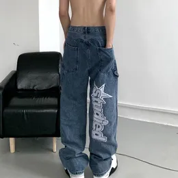 Herrjeans Höst Streetwear Retro Hip-hop Brevbroderi Lösa byxor med raka ben Vida ben För män och kvinnor Par