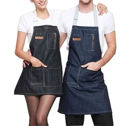 Fashion Antifouling Kitchen cooking Denim apron for Woman and man Restaurant work Pinafores Tablier Unisex adult 210625