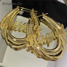 KristenCo 65mm Stainless Steel Bamboo Hoop Earrings Customized Name Earrings Bamboo Style Custom Earrings for Women Gift 210924