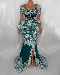 Teal Blue Mermaid Evening Klänningar 2022 Sheer O-Neck Lace Applique Crystal Aso Ebi Arabiska African Prom Formal Gowns Femme