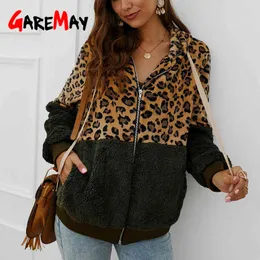 Leopard Faux Fur Coat Women Winter Warm Fleece Sweatshirt Zipper Hoodie OuterWear Splice Oversized Imitation Kvinna 210428