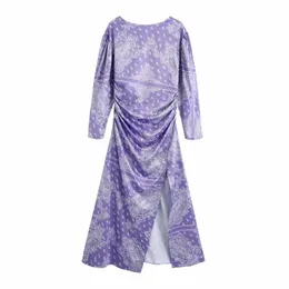 Women Dress Satin Printed Round-neck Long Sleeves Gathered Waist Midi Dress elegant Femme Robe Ropa Mujer Vestidos 210709