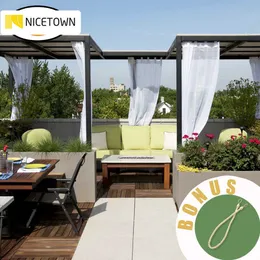 NICETOWN Outdoor Linen Look Drape Curtain with Rope Water Resistant Tab Top White Semi-Sheer Voile Drape for Beach Garden Gazebo 210712