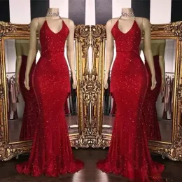 Abiti Red sera paillettes scintillanti 2022 sexy Halter senza maniche personalizzate per guaina da parte del ballo da festa della festa per il pavimento Vestitidos OCN FORMAL OCN