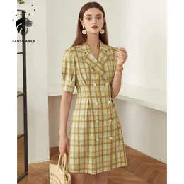 Fansilanen Puf Kol Vintage Ekose Blazer Elbise Kadınlar Sarı Zarif Ofis Kısa Bahar Yaz Kadın Ince Seksi 210607