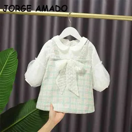 Toddler Girl Fall Kläder Höstklänning Bowtie Plaid Green Pink Långärmad Princess Kids E20361 210610