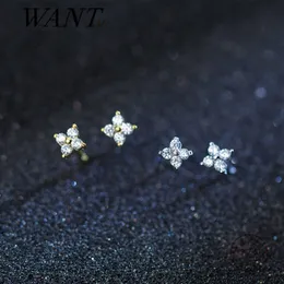 WANTME Real 925 Sterling Silver Minimalist White Zircon Four-leaf Clover Mini Small Stud Earrings for Women Teen Girl Jewelry 210507