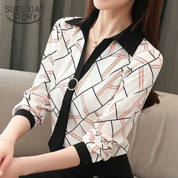 秋のシフォンシャツの女性韓国の縞模様の長袖ブラウス女性プルオーバーVネックプラスサイズの女性トップスBlusas 10673 210528