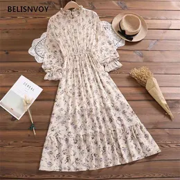 Floral Print Plised Dress Rękaw Szyfonowy Midi Potargane Luźne Ladies Es Beach Sundress Ropa Mujer 210520