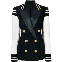 HIGH STREET Fashion 2022 Stylish Blazer Varsity Jacket Women's Leather Sleeve Patchwork Lion Buttons Blazer 220216