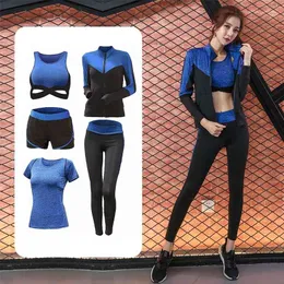 Tracksuit 5 Piece Yoga Set for Women Running Fitness T Shirt Sports Bra Wear Ftness Clothing Female Training Sport Suit 210813