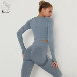 Yushuhua mulheres vital esporte terno yoga set ginásio treino roupas de manga longa fitness colheita de fitness + cintura alta squat Leggings 210802