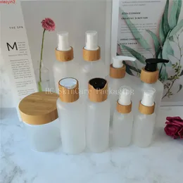 Natural Bamboo Lid Glass Frosted Lotion Bottles with bambu toner Pump eco friendly 4 oz 8oz bamboo cosmetic glass spray bottlegoods