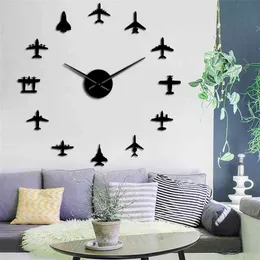 Flying Plane Fighter Jet Modern DIY Giant Wall Clock Acrylic Mirror Surface Sticker Airplane Wall Clock Aviator Pilot Home Decor 210325