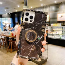 Luxury Square Marble Pattern Phone Cases for iPhone 13 12 11 Pro Max X Xs Xr Coque Shockproof Ring Holder Glitter Epoxy Slim Fit Back Cover