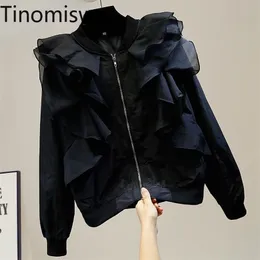 Tinomiswa Wzburzona Patchwork Kurtki Kobiety Zip-UP Długie Rękaw Loose Coats Topy Koreański Moda Jesień Chic Ubrania Odzież Odzieży 211109