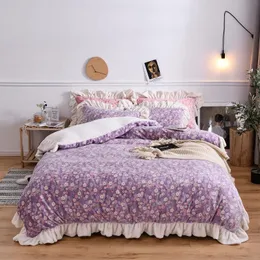 Sängkläder Sätter Lyx Vinter Varm Velvet Fleece Flannel Blommor Utskrift Linne / Blad Duvet Bed Flicka Pillowcases Set Cover Princess